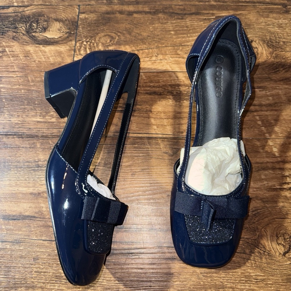 Coutgo Blue Patent Leather Square Toe Block Heel Bow Slip On Pumps 7.5 NEW